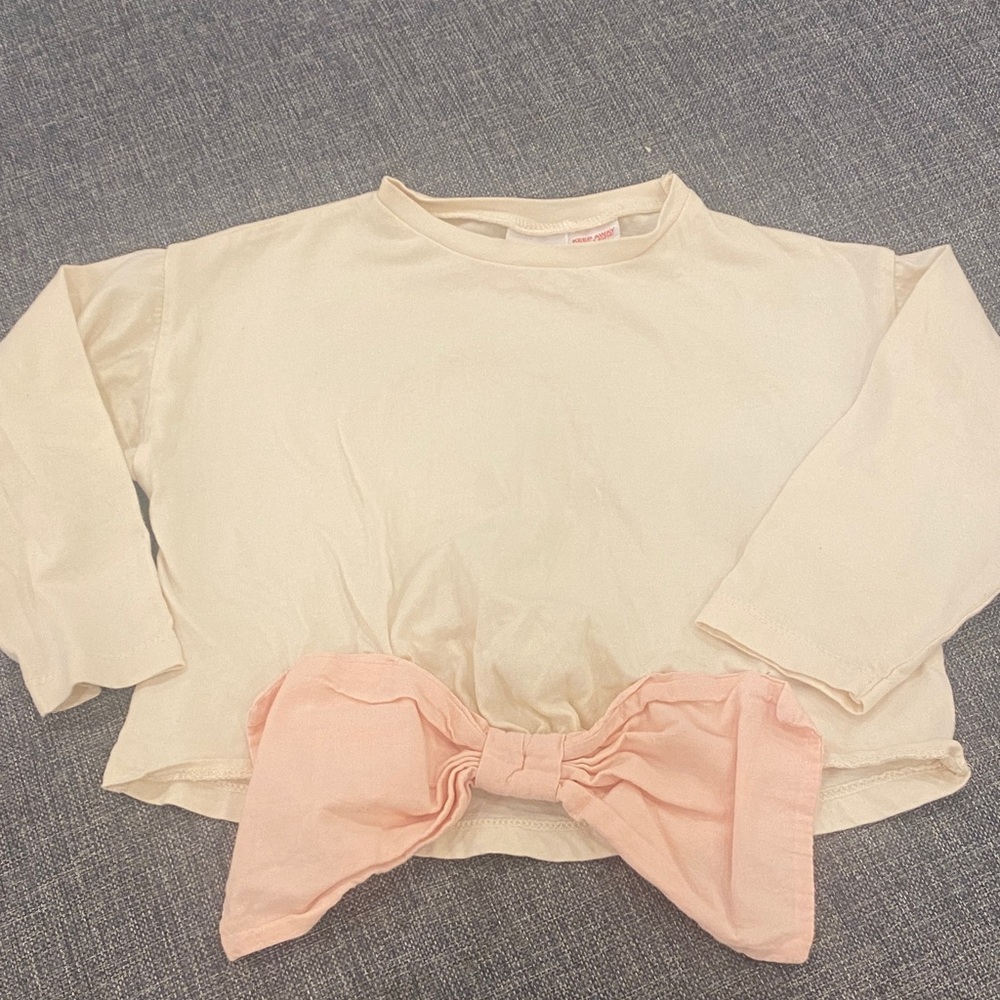 Zara Kids Cream Long Sleeve Top with Pink Bow
